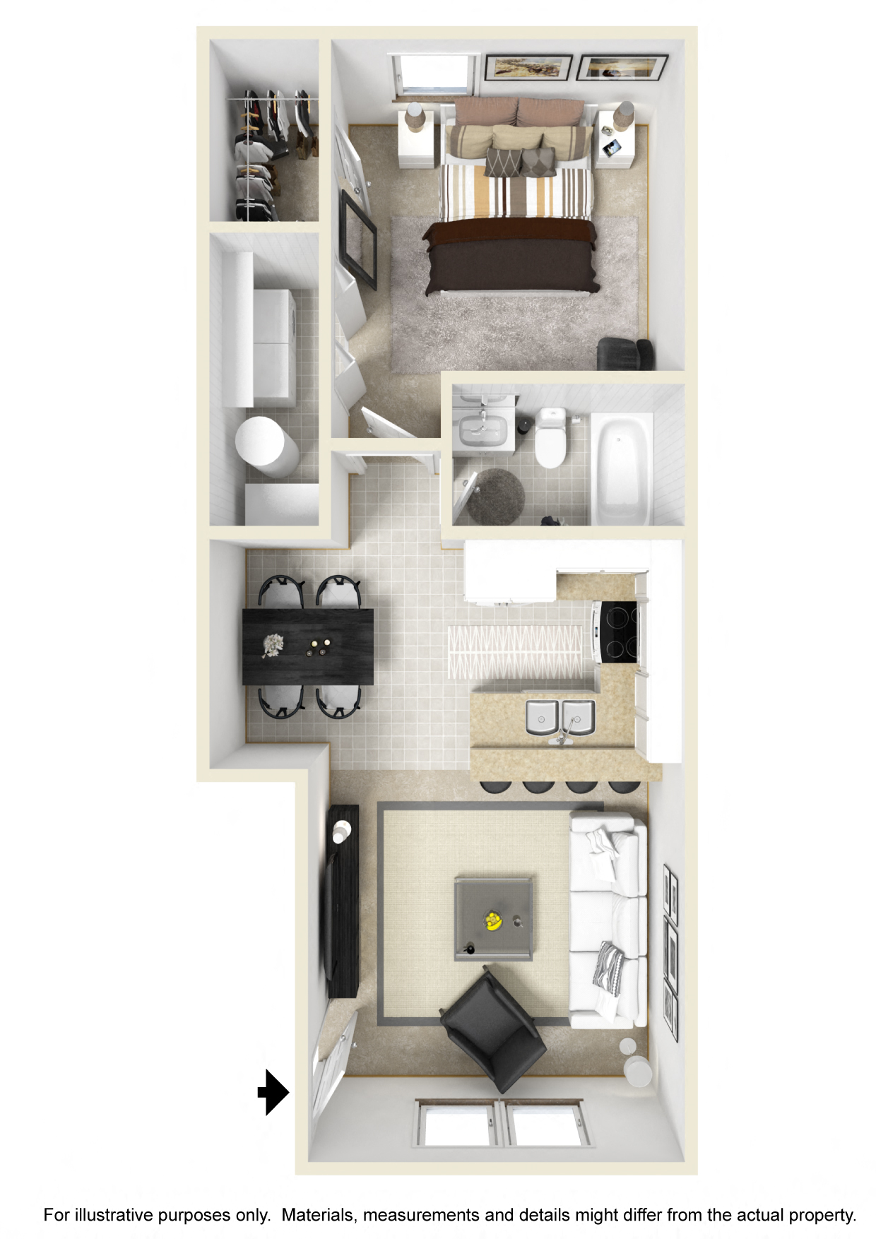 Floor plan for 1 bed, 1 bath, 650 sqft